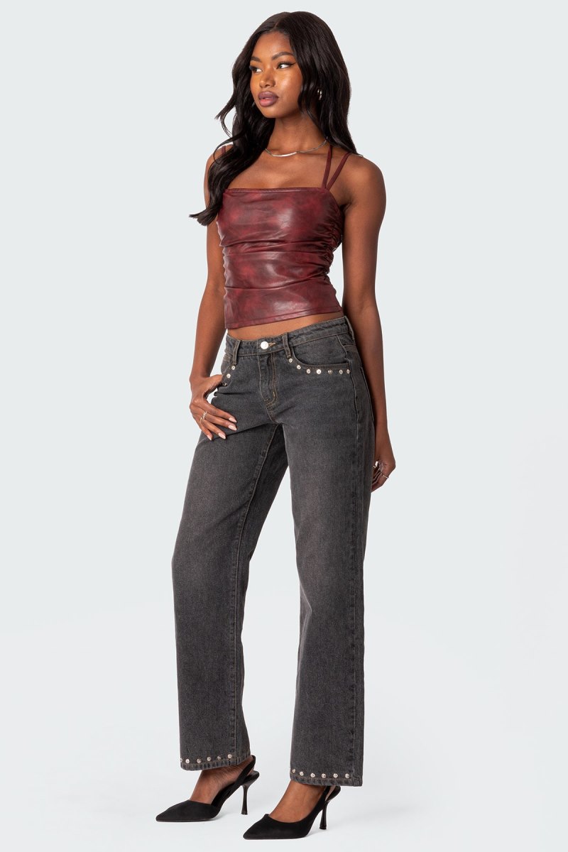 Edikted Rivet Trim Straight Leg Jeans Black Washed | USA ZE016841C7