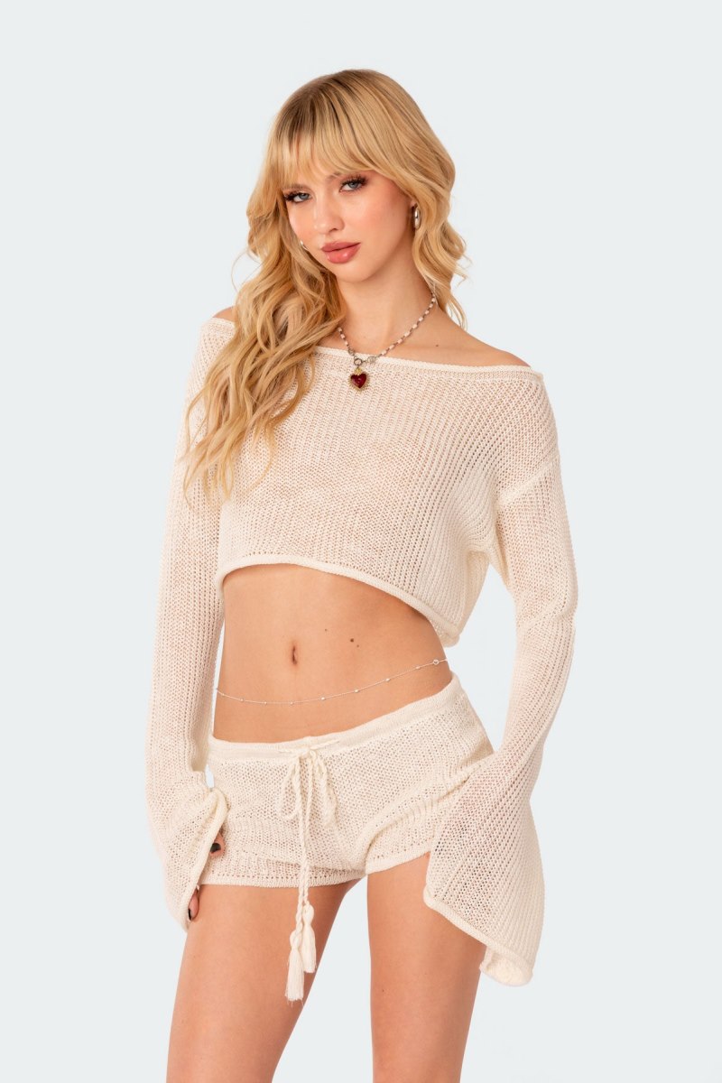 Edikted Riya Off Shoulder Knitted Crop Long Sleeve Tops Cream | USA HI559885D2