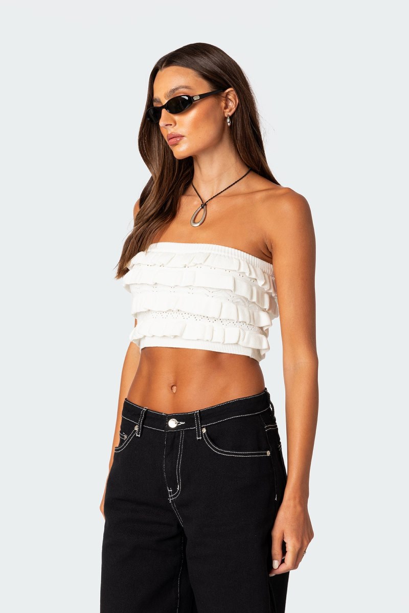 Edikted Robin Ruffle Knit Tube Crop Tops Cream | USA UX011651M0