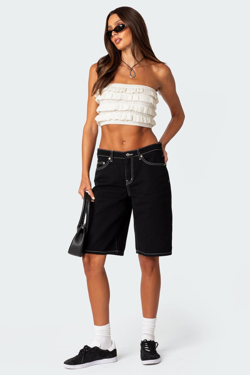 Edikted Robin Ruffle Knit Tube Crop Tops Cream | USA UX011651M0