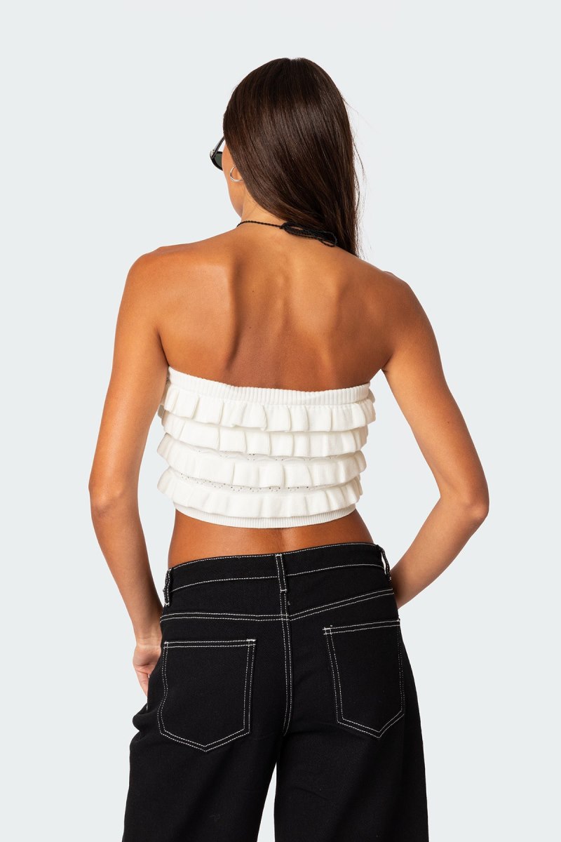 Edikted Robin Ruffle Knit Tube Strapless Tops Cream | USA BD219201P2