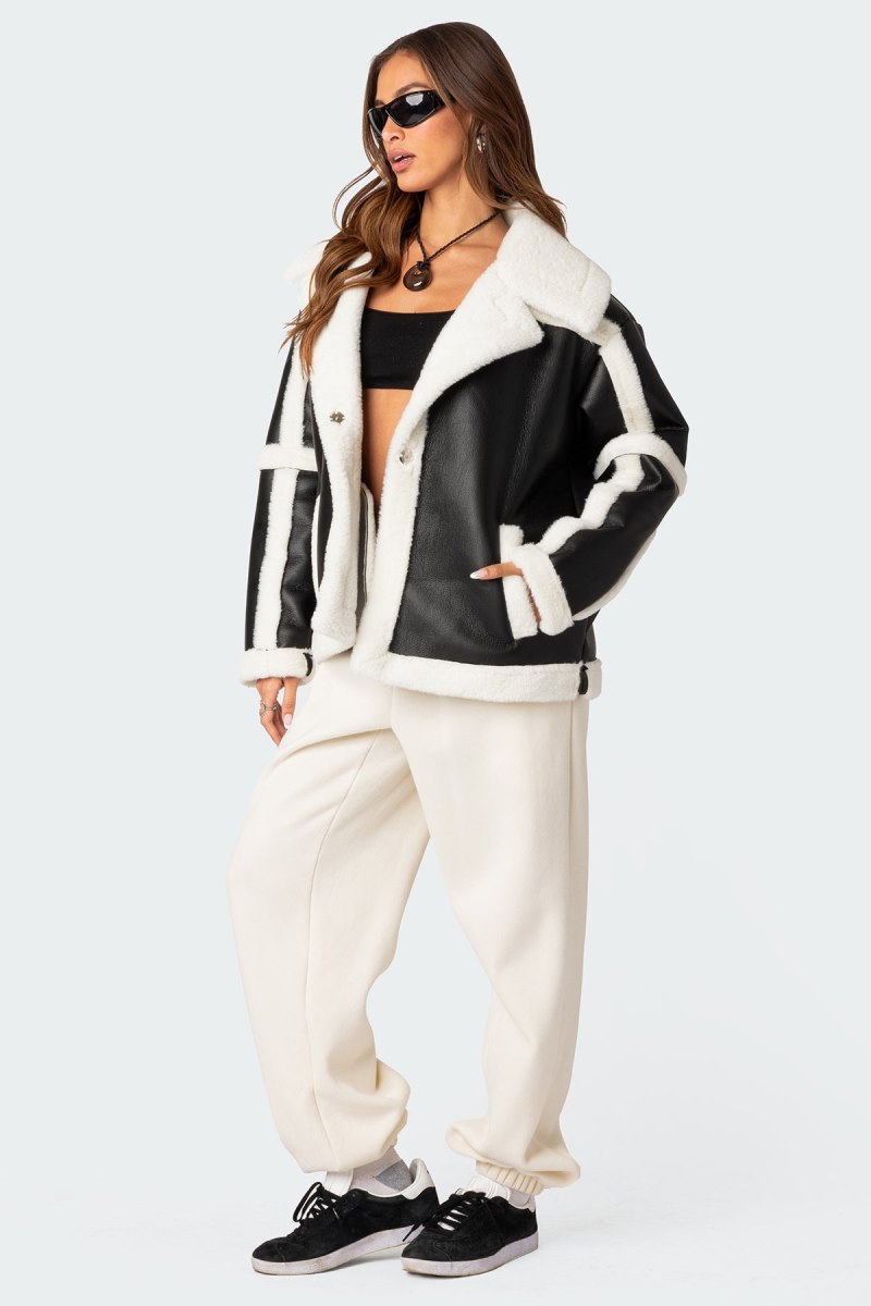 Edikted Rocki Oversized Faux Leather Shearling Jackets Black | USA MW554605B6