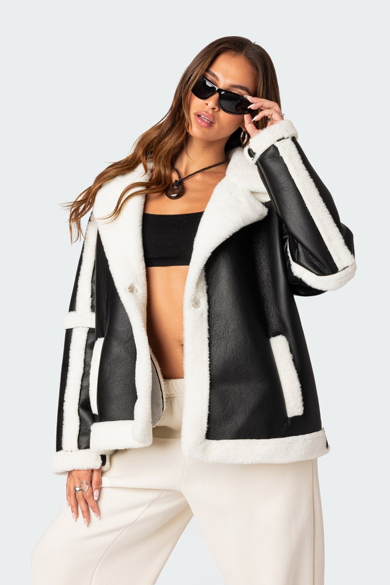 Edikted Rocki Oversized Faux Leather Shearling Jackets Black | USA MW554605B6