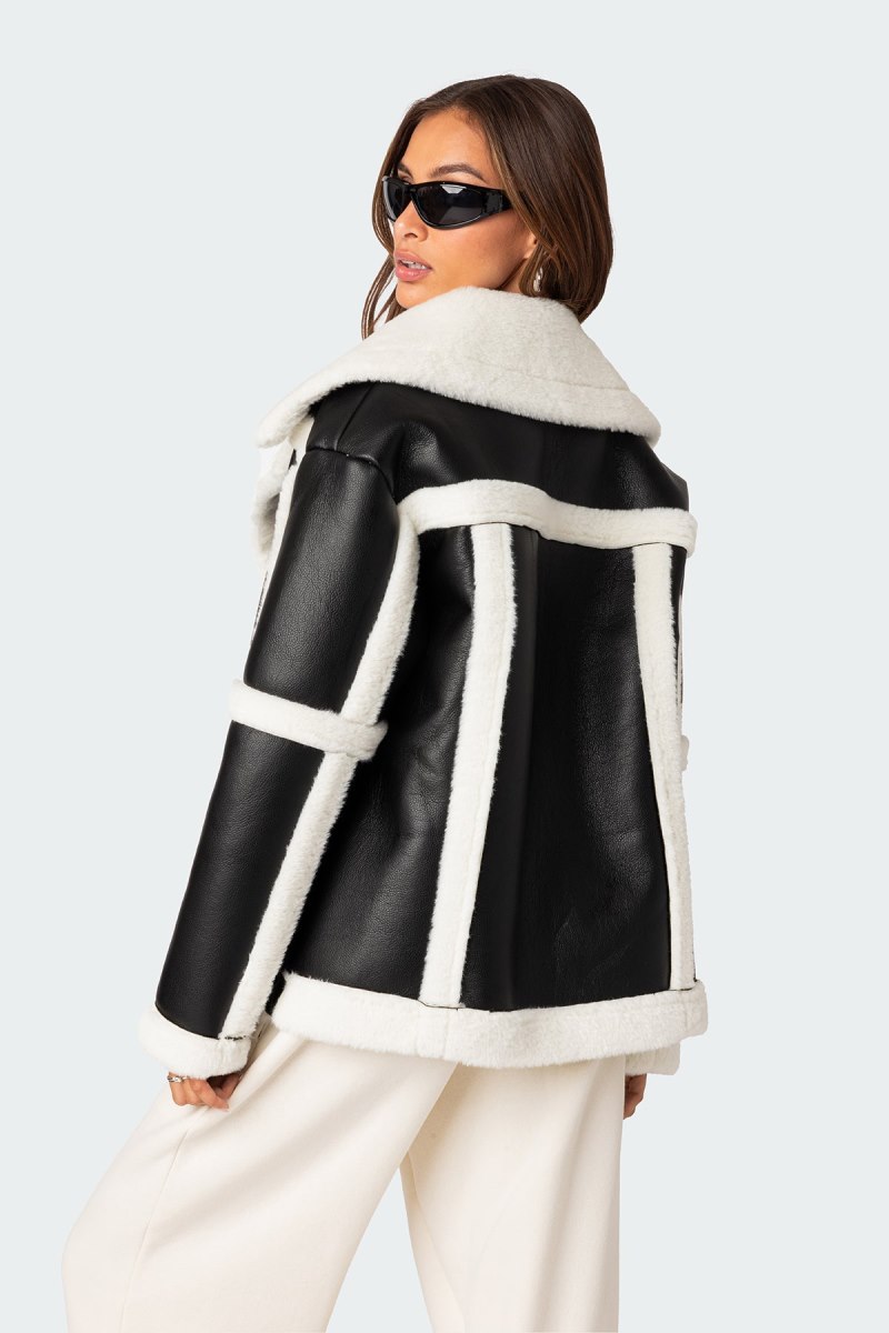 Edikted Rocki Oversized Faux Leather Shearling Jackets Black | USA MW554605B6