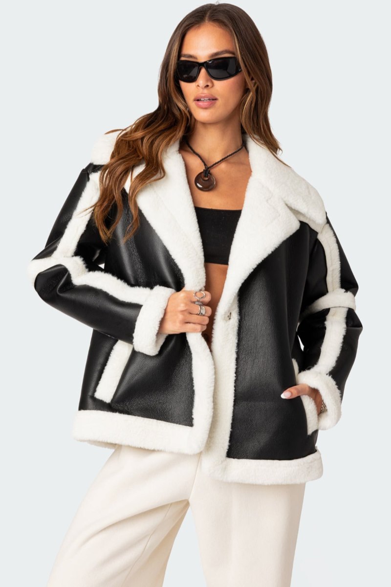 Edikted Rocki Oversized Faux Leather Shearling Jackets Black | USA MW554605B6