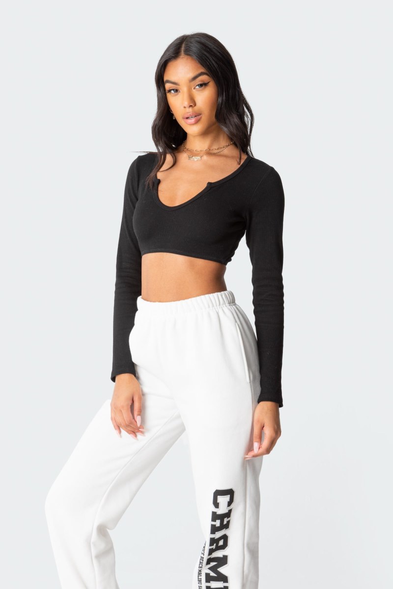 Edikted Romance Ribbed Crop Long Sleeve Tops Black | USA GR846034S2