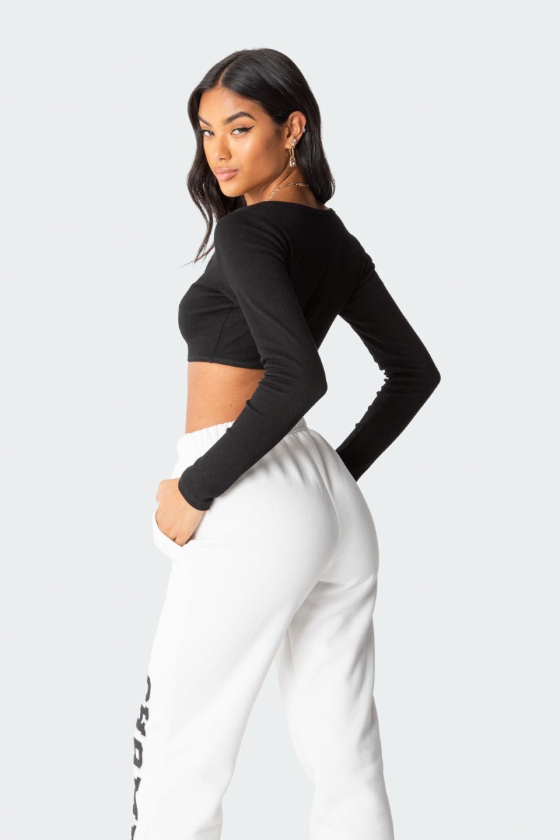 Edikted Romance Ribbed Crop Long Sleeve Tops Black | USA GR846034S2