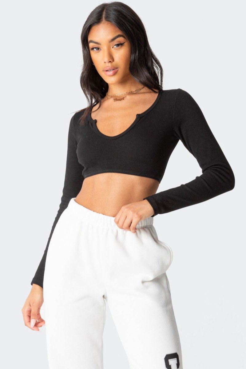 Edikted Romance Ribbed Crop Tops Black | USA HZ751215J2