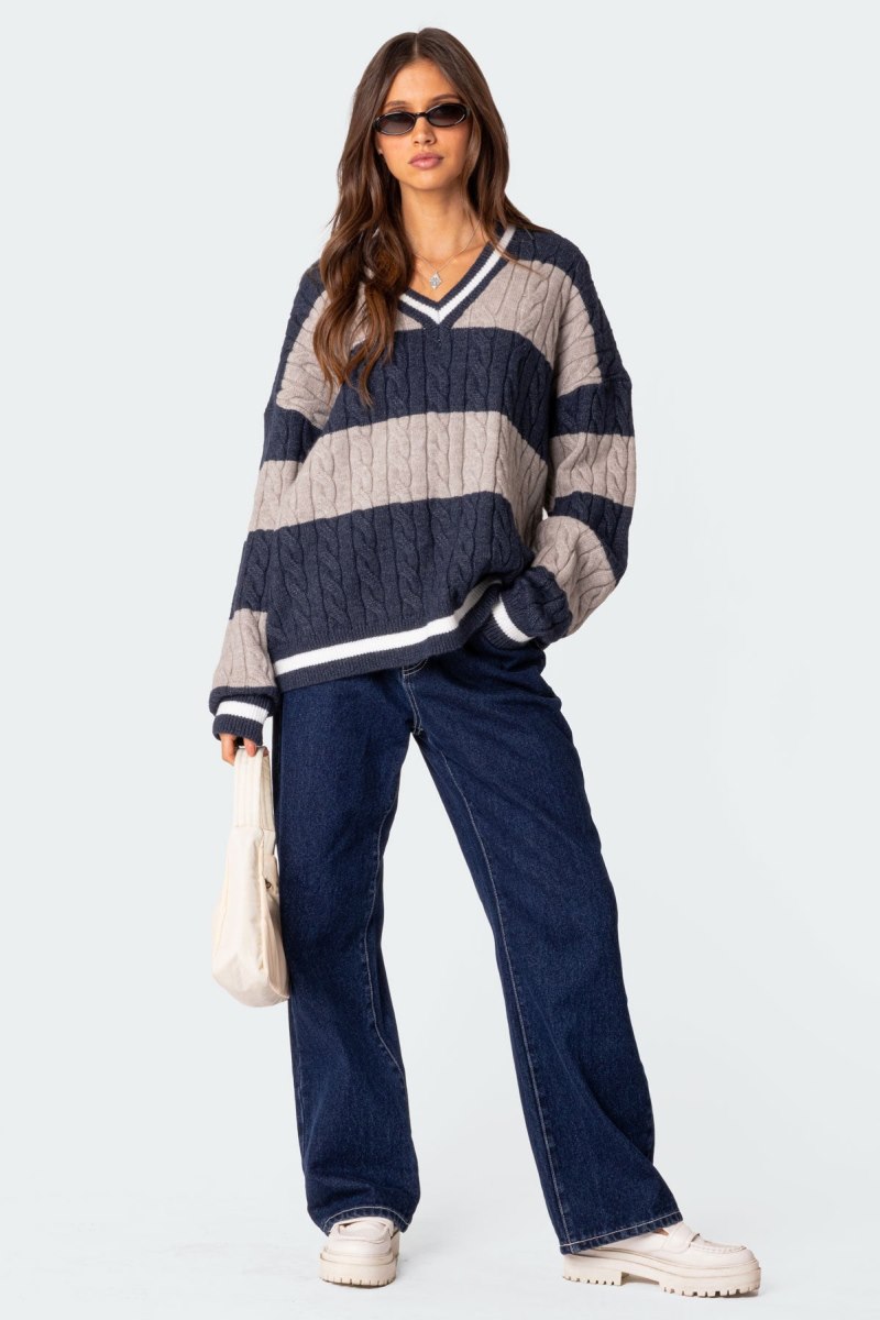 Edikted Romie V Neck Cable Knit Sweater Navy | USA AW659405Y4