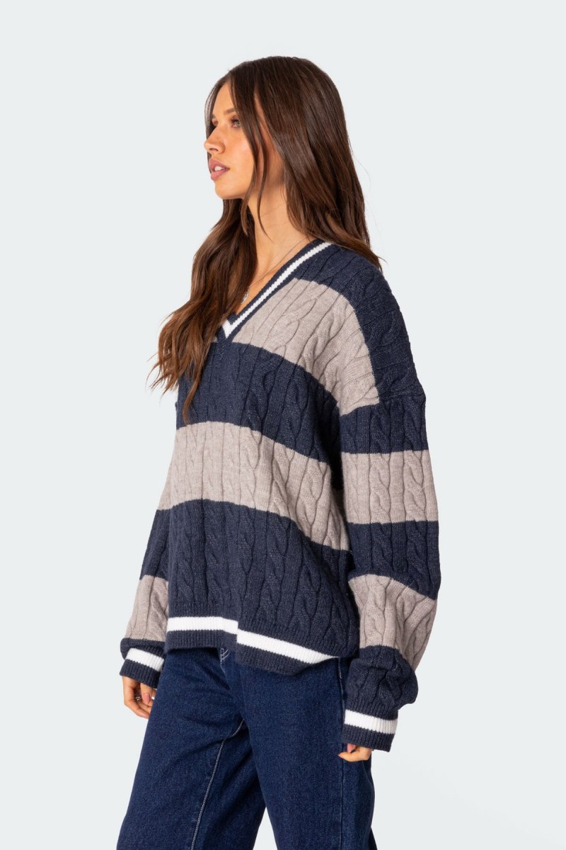 Edikted Romie V Neck Cable Knit Sweater Navy | USA AW659405Y4
