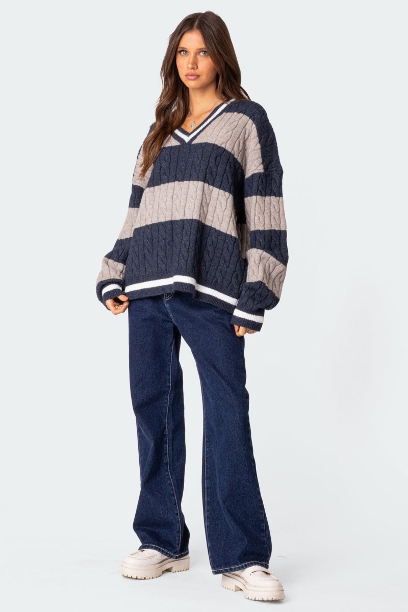 Edikted Romie V Neck Cable Knit Sweater Navy | USA AW659405Y4