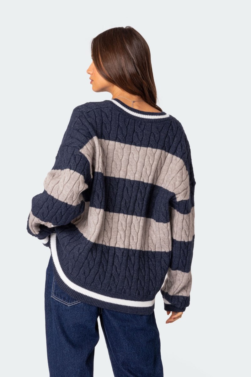Edikted Romie V Neck Cable Knit Sweater Navy | USA AW659405Y4