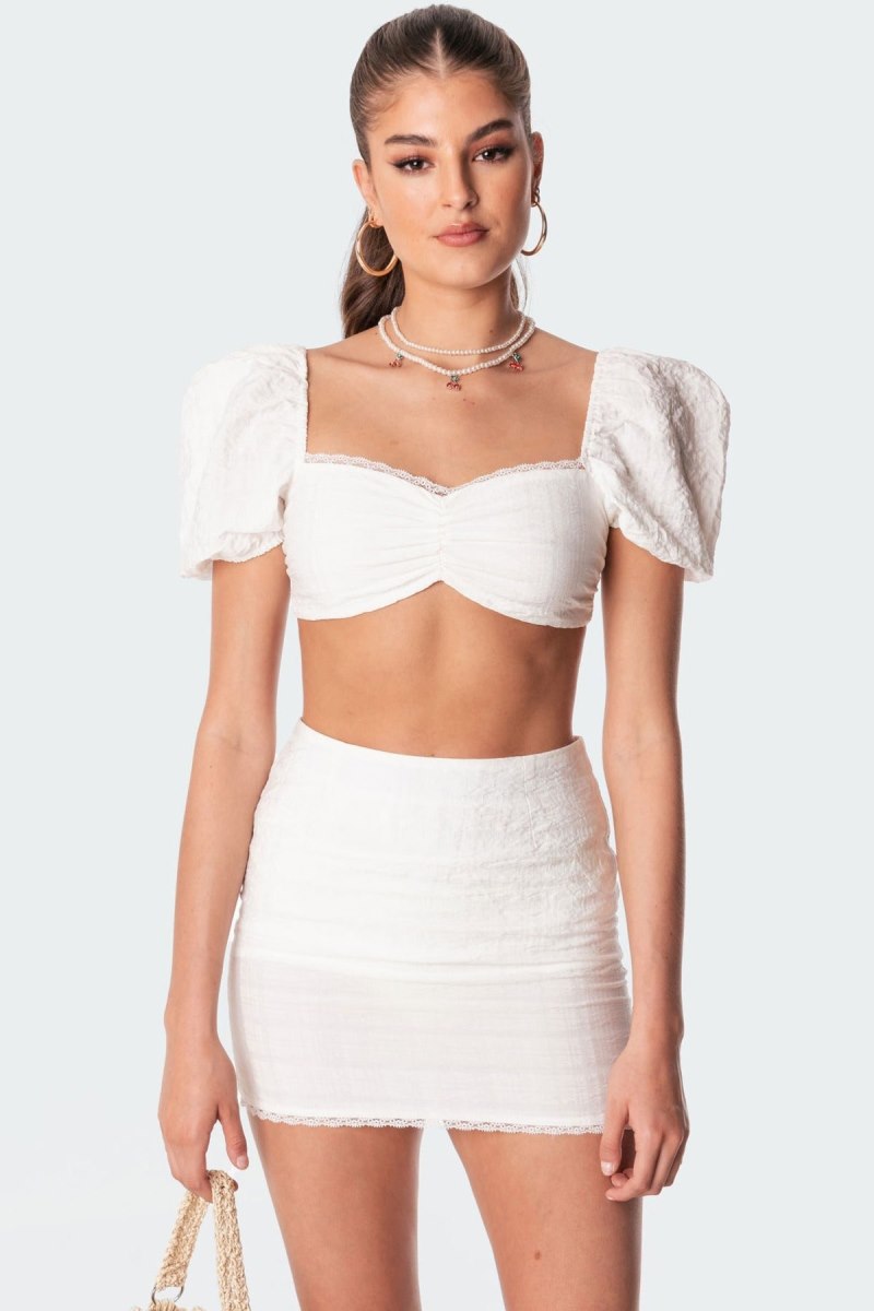 Edikted Romy Linen Look Crop Tops White | USA ZT892079B6