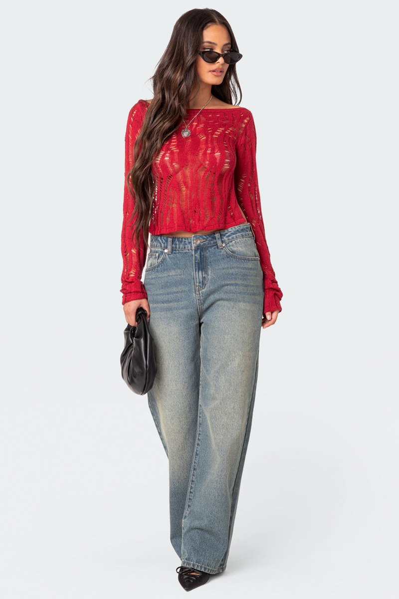 Edikted Rosa Open Back Sheer Knitted Tops Red | USA NB557645S3