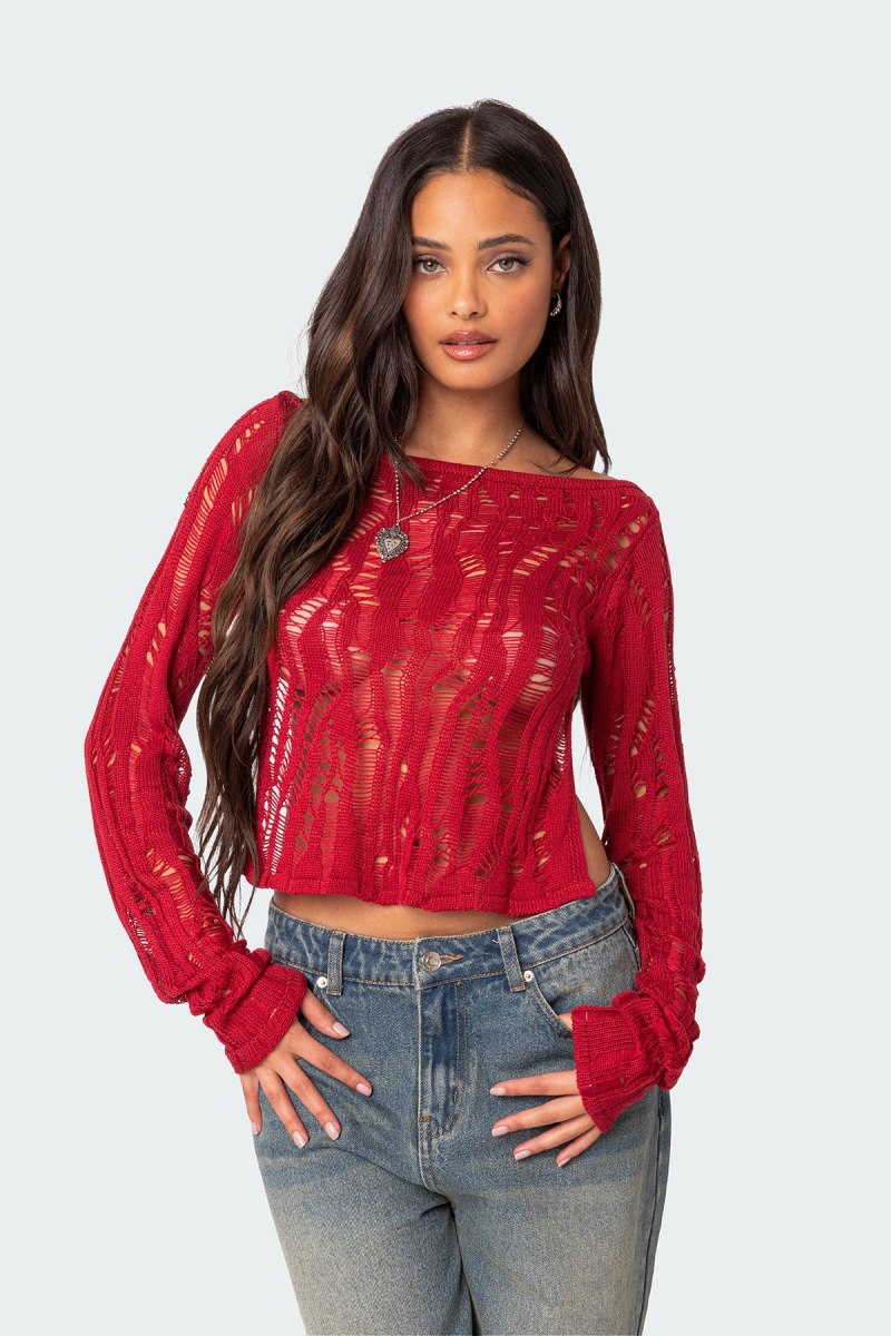 Edikted Rosa Open Back Sheer Knitted Tops Red | USA NB557645S3
