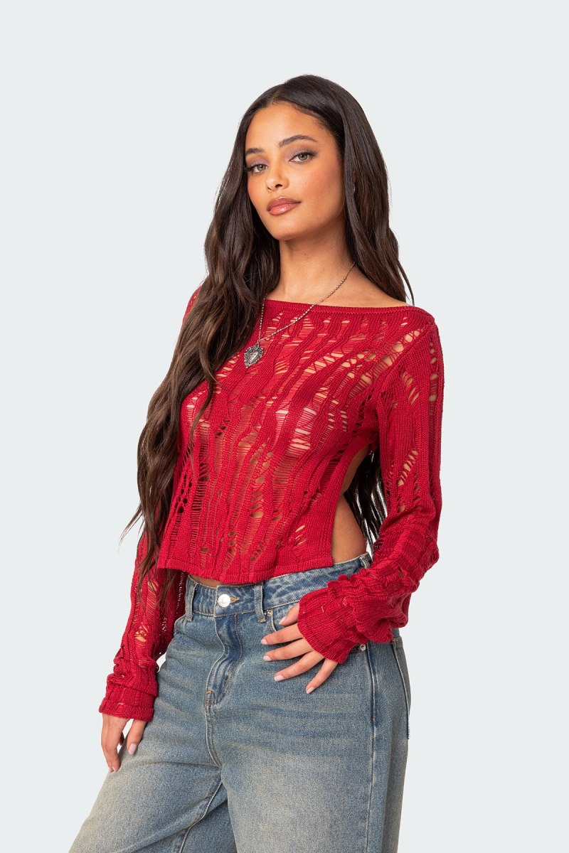 Edikted Rosa Open Back Sheer Knitted Tops Red | USA NB557645S3