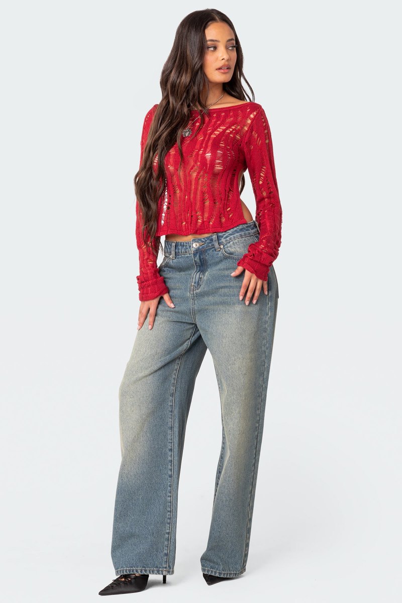 Edikted Rosa Open Back Sheer Knitted Tops Red | USA NB557645S3