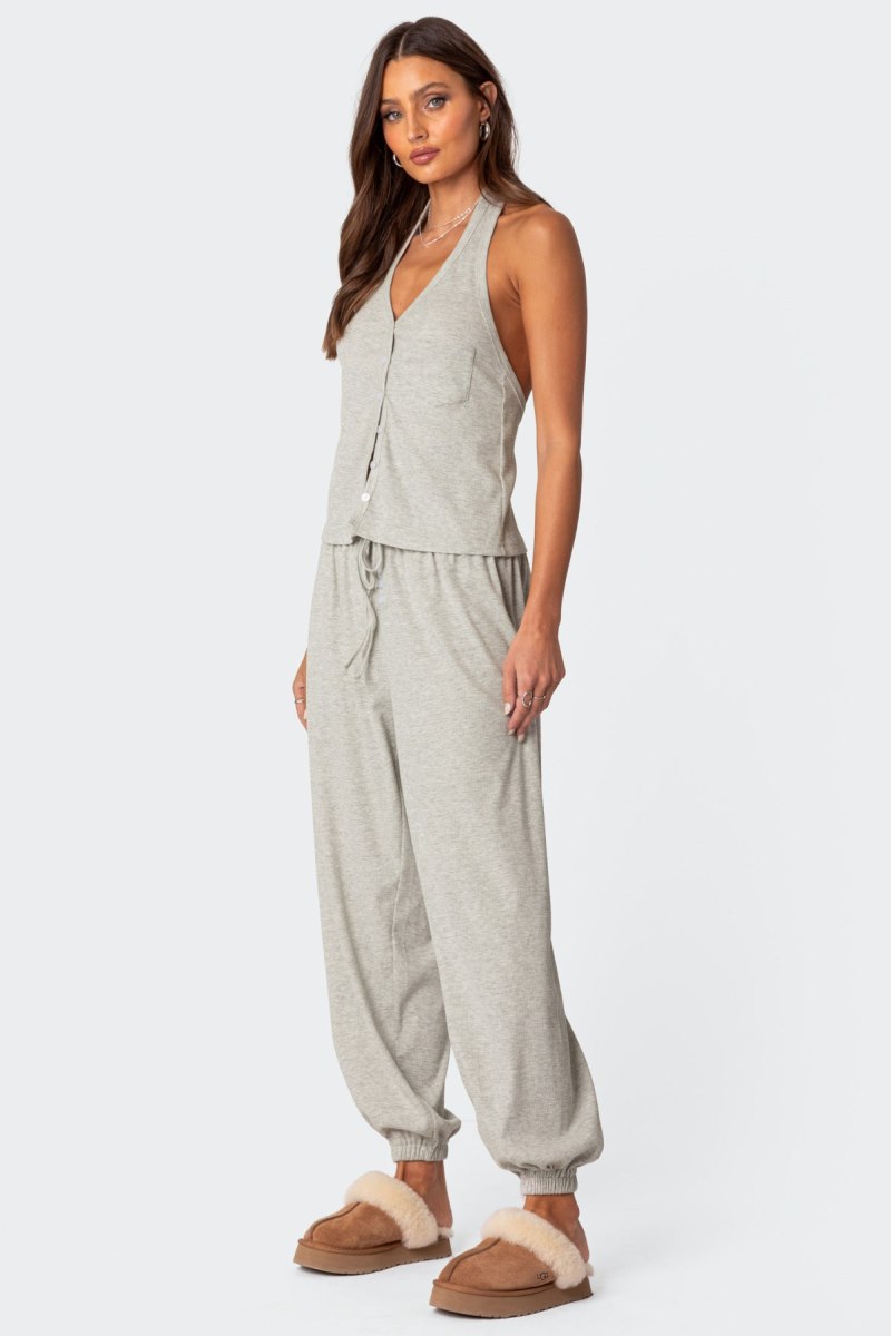 Edikted Rosanna Waffle Pajama Sweatpants Pants Gray Melange | USA BH156045S8