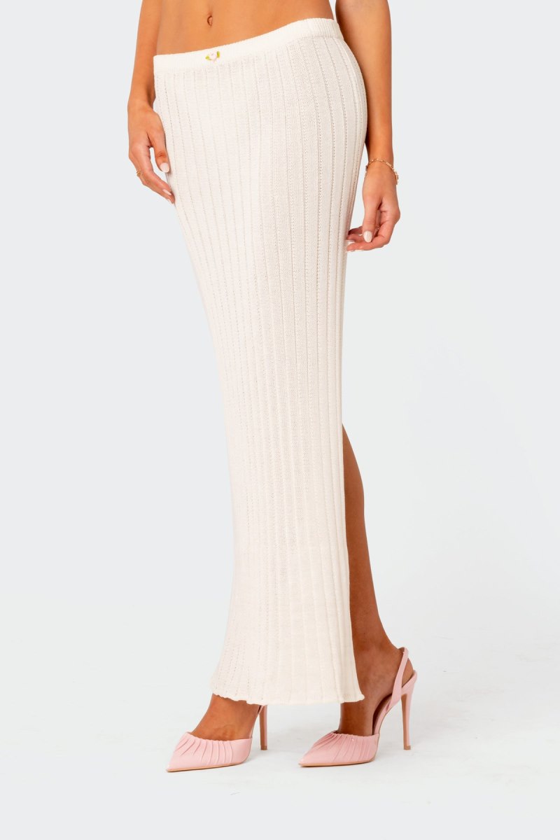 Edikted Rosebud Knit Low Rise Back Slitted Maxi Skirts White | USA PK375397M8