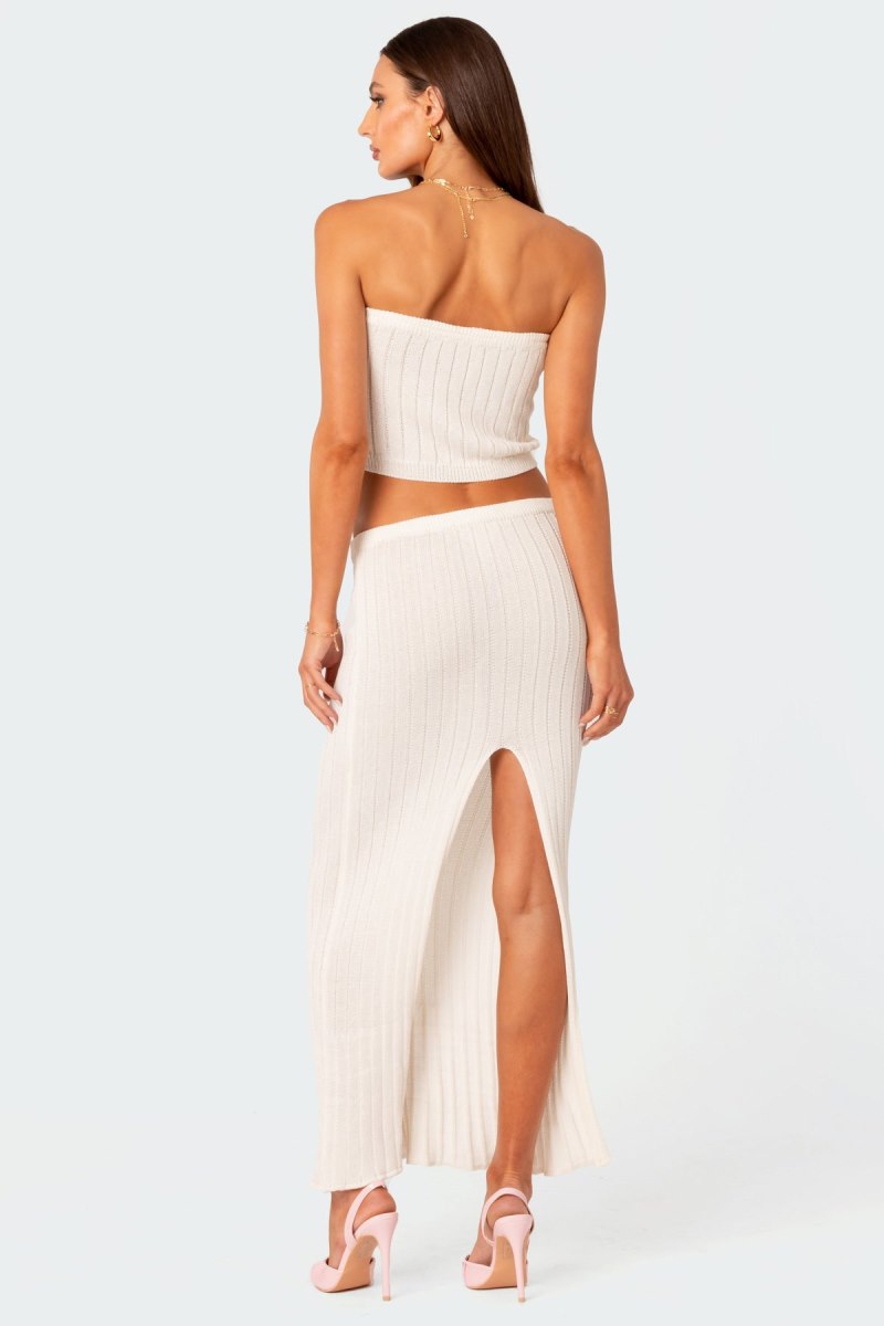 Edikted Rosebud Knit Low Rise Back Slitted Maxi Skirts White | USA PK375397M8