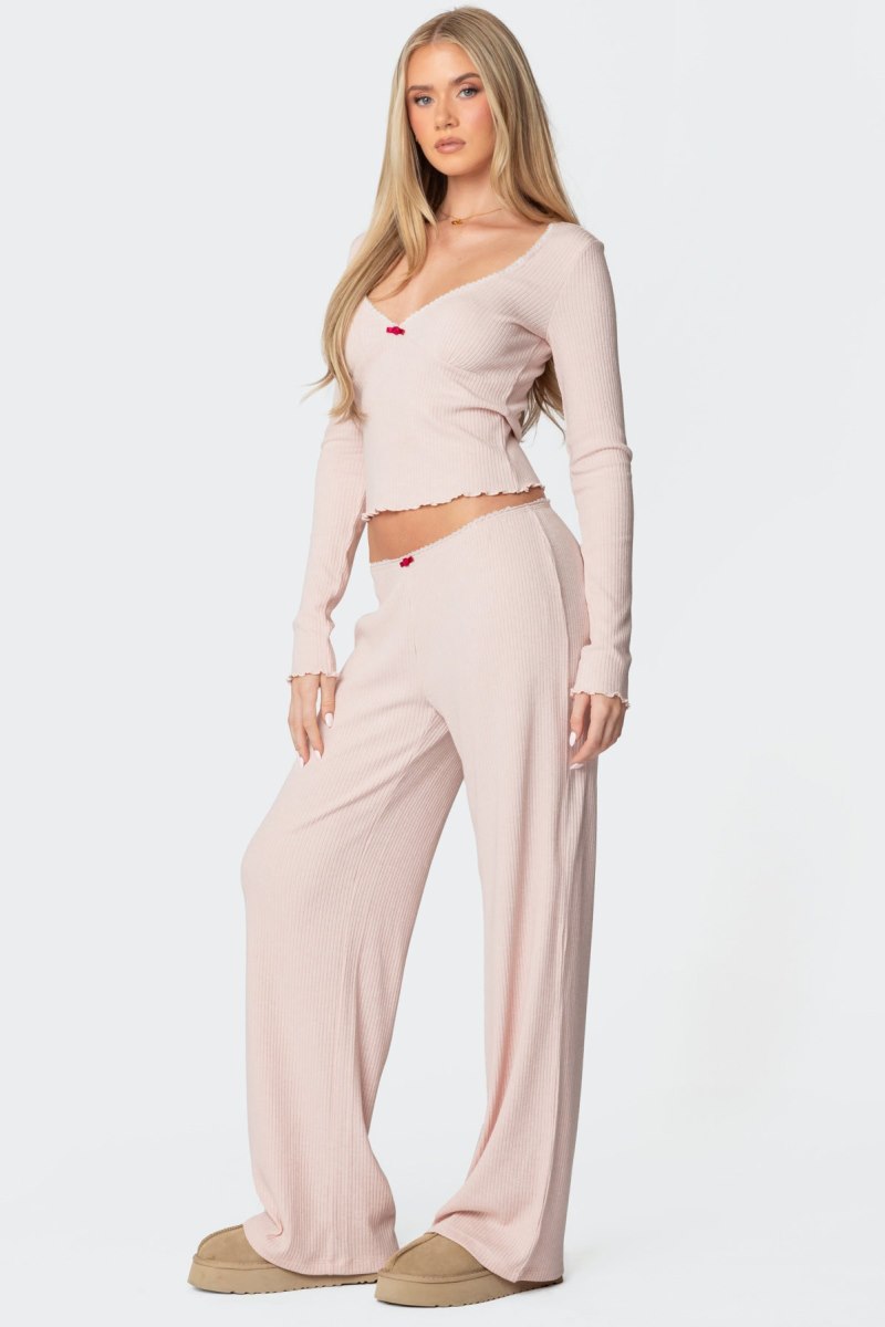 Edikted Roselle Ribbed V Neck Long Sleeve Tops Light Pink | USA EQ315801G2