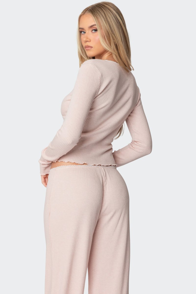 Edikted Roselle Ribbed V Neck Long Sleeve Tops Light Pink | USA EQ315801G2