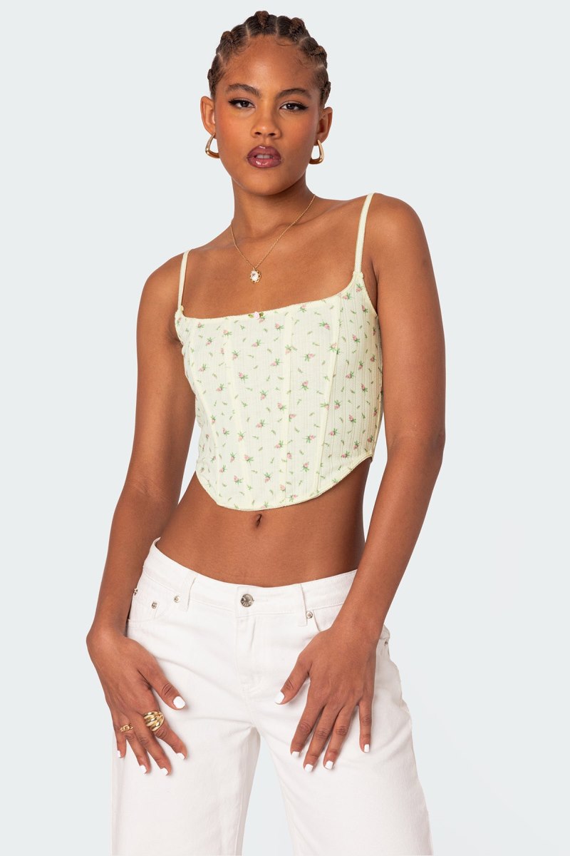 Edikted Rosey Printed Pointelle Corset Yellow | USA WH563286Z7