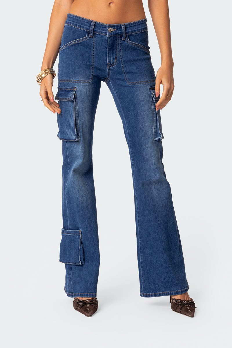 Edikted Roslyn Denim Flared Cargo Pants Blue Washed | USA XX554405Y5