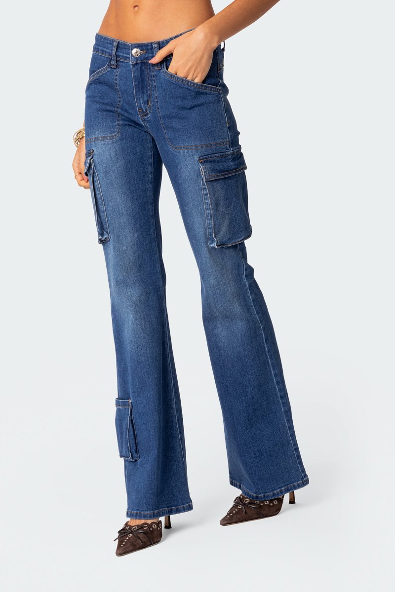 Edikted Roslyn Denim Flared Cargo Pants Blue Washed | USA XX554405Y5