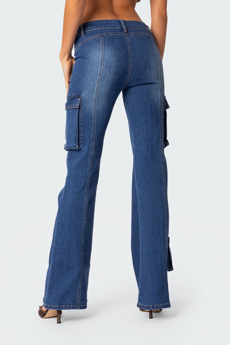Edikted Roslyn Denim Flared Cargo Pants Blue Washed | USA XX554405Y5