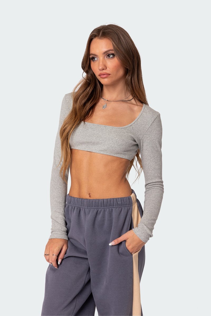 Edikted Routine Ribbed Crop Tops Gray Melange | USA NA940694M1