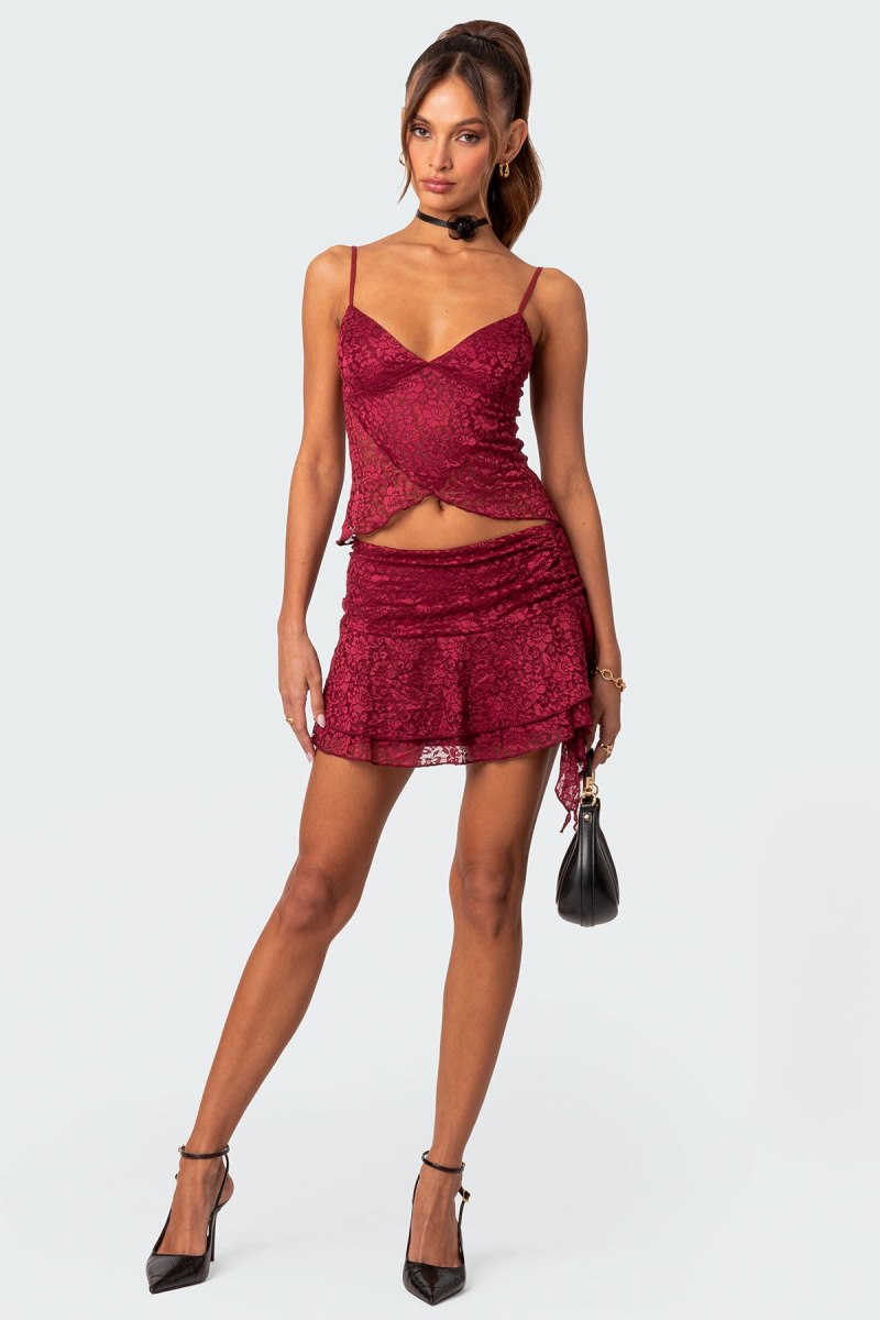Edikted Ruby Sheer Lace Tank Crop Tops Burgundy | USA QY286288Z7