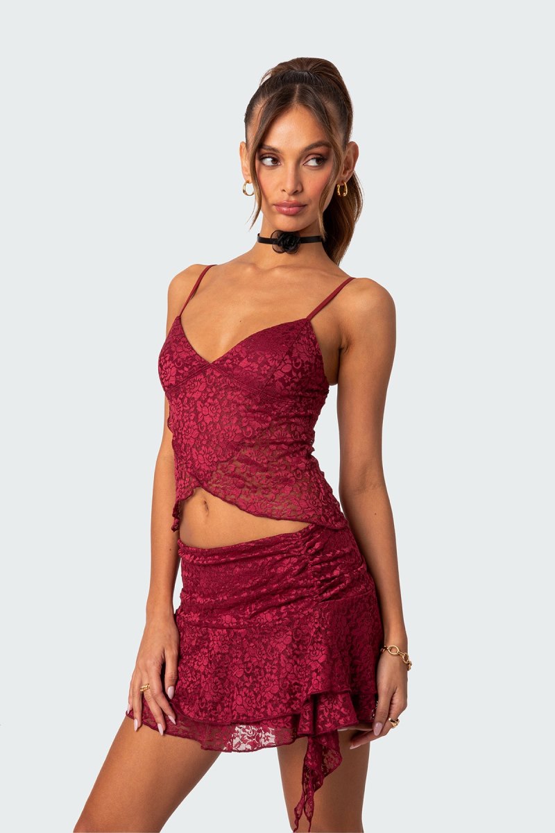 Edikted Ruby Sheer Lace Tank Crop Tops Burgundy | USA QY286288Z7