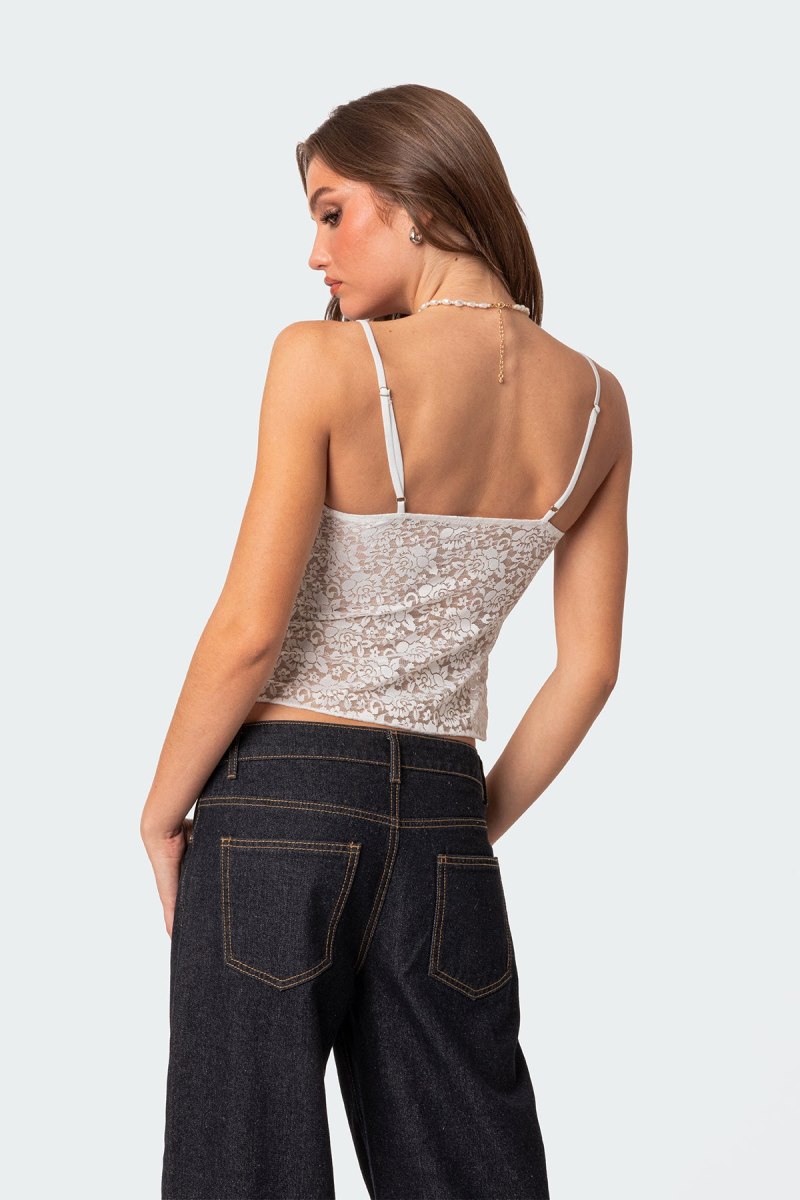 Edikted Ruby Sheer Lace Tank Crop Tops Burgundy | USA SP407550X0