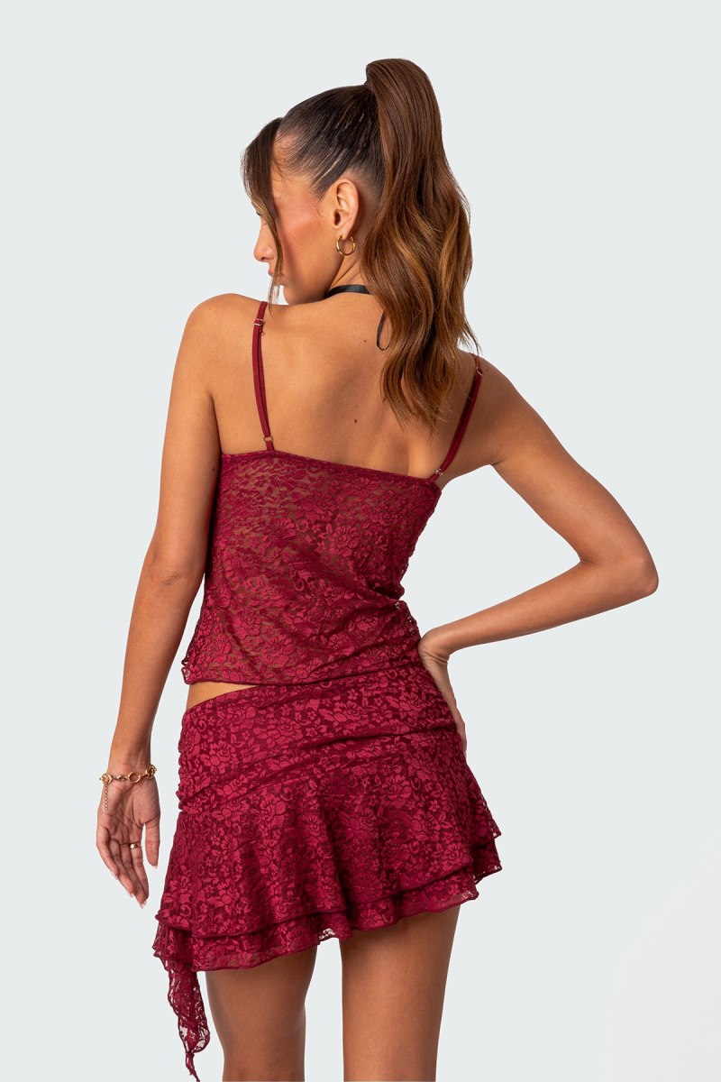 Edikted Ruby Sheer Lace Tank Top Burgundy | USA LT733033A9