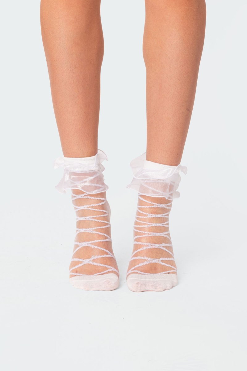 Edikted Ruffle Sheer Mesh Socks White | USA JM191329R6