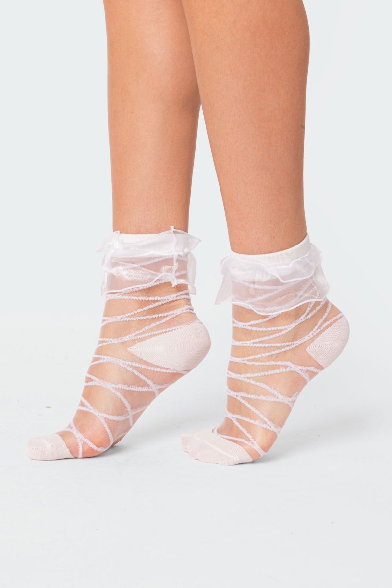 Edikted Ruffle Sheer Mesh Socks White | USA JM191329R6