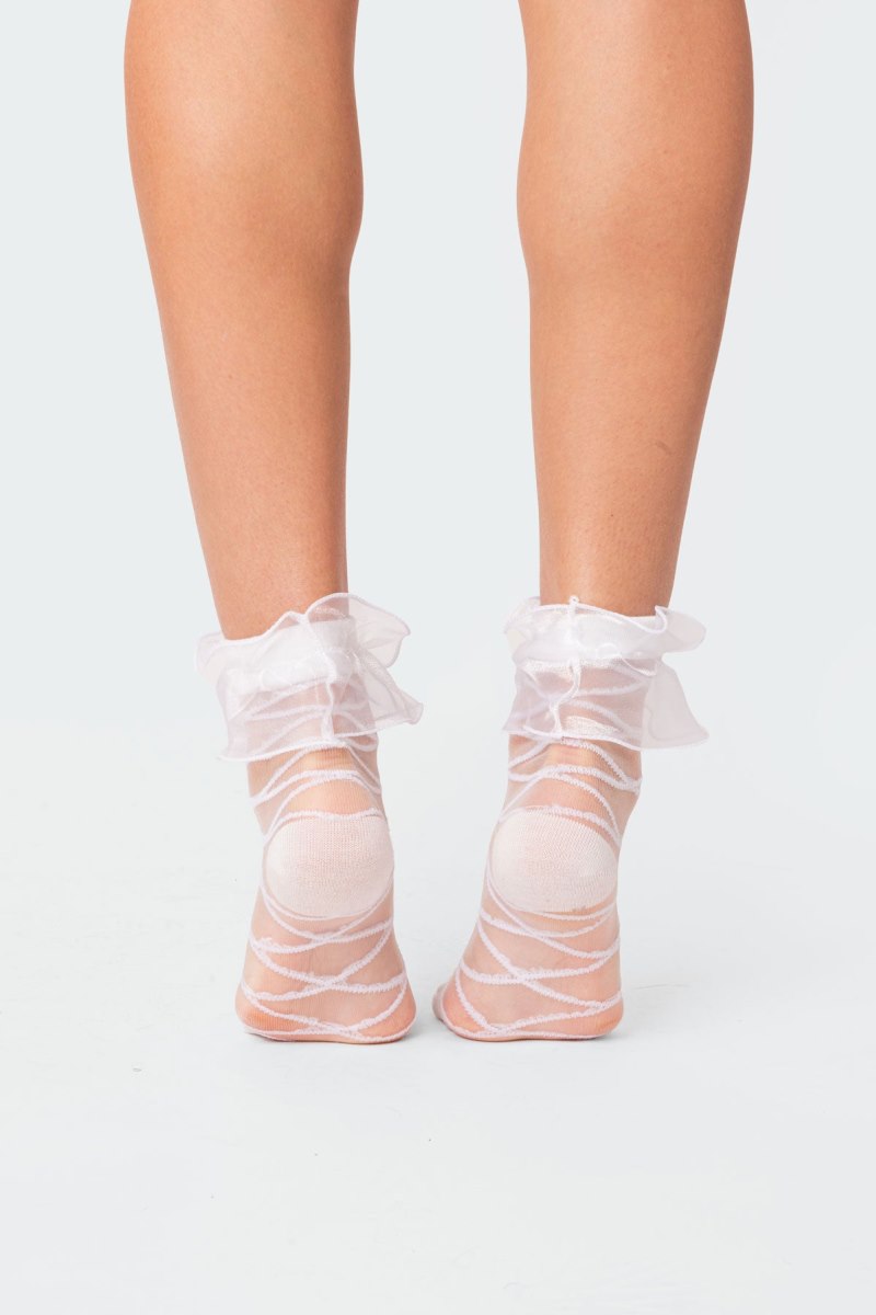 Edikted Ruffle Sheer Mesh Socks White | USA JM191329R6