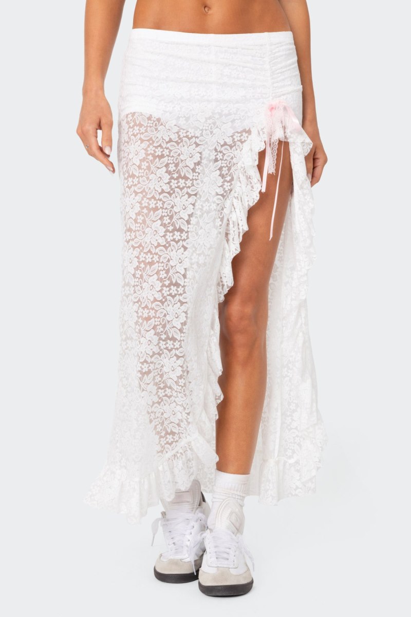 Edikted Ruffled Sheer Lace Maxi Skorts White | USA AI024262X1