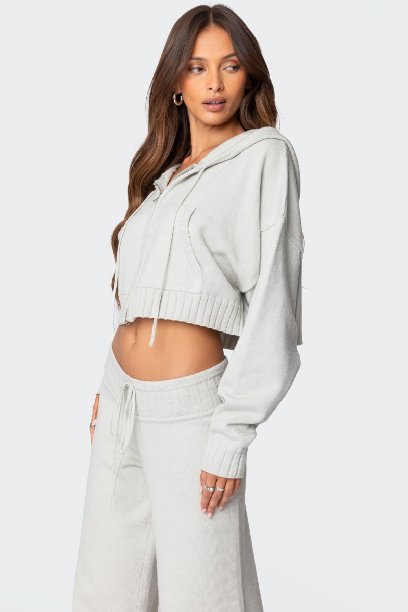 Edikted Russell Knit Hooded Cardigan Crop Tops Light Gray | USA NV854885M2