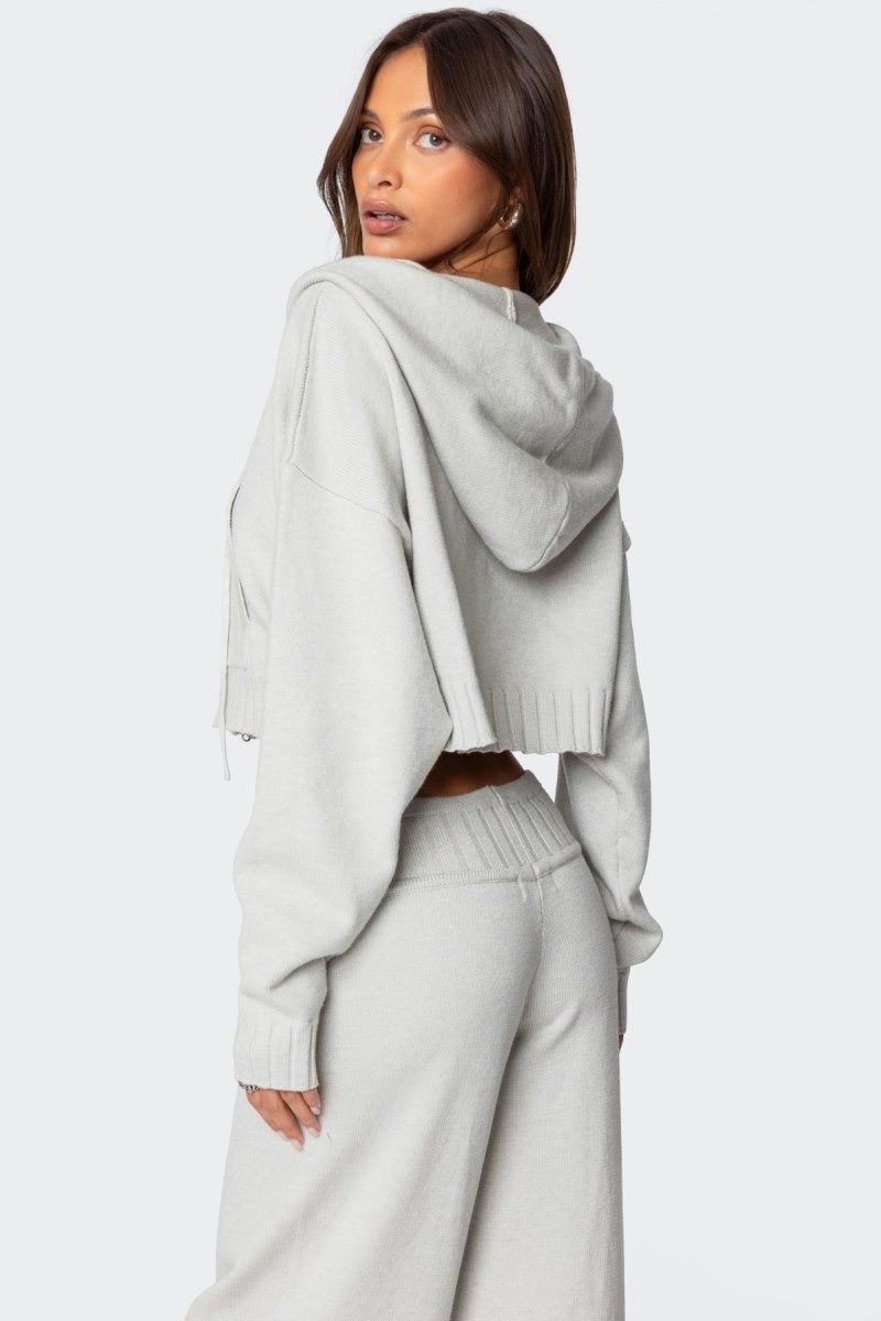 Edikted Russell Knit Hooded Cardigan Crop Tops Light Gray | USA NV854885M2