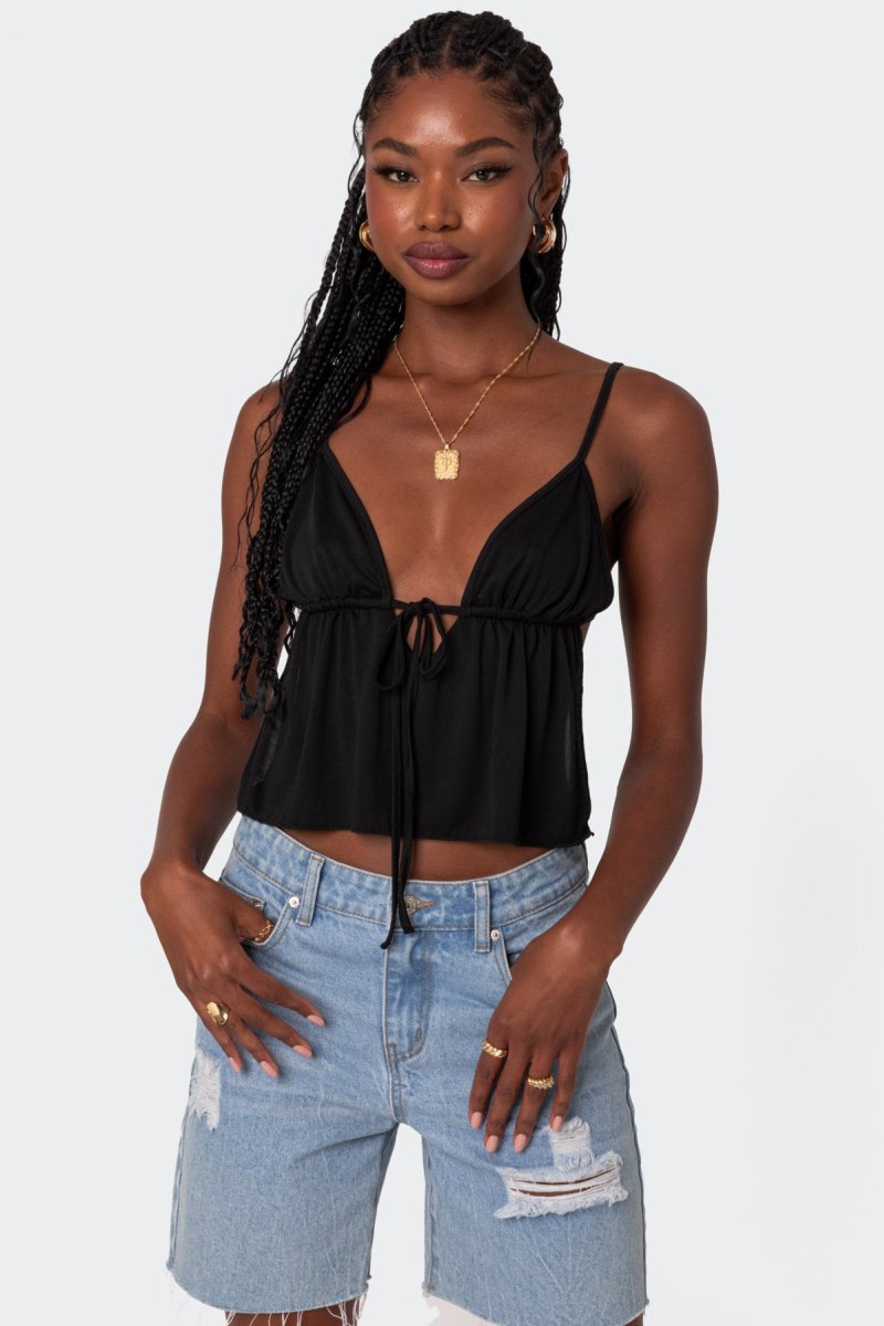 Edikted Rylee Tie Front Open Back Tank Top Black | USA CX151085D5