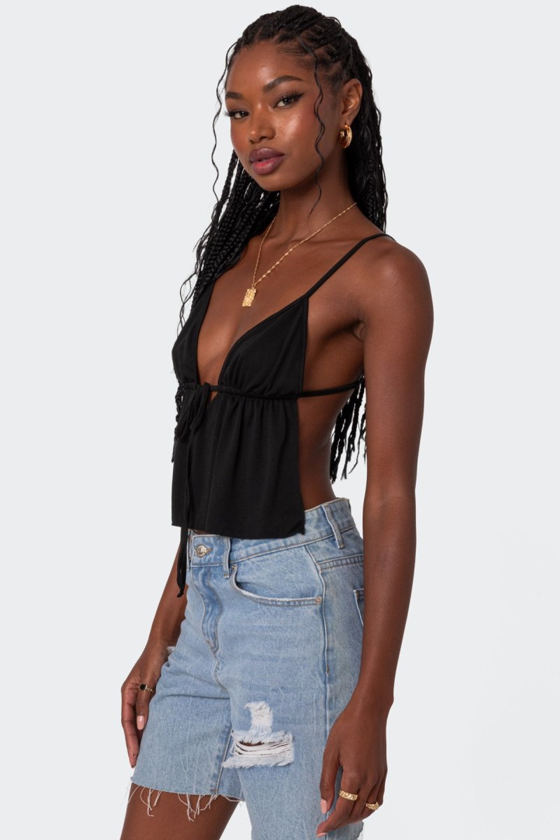 Edikted Rylee Tie Front Open Back Tank Top Black | USA CX151085D5