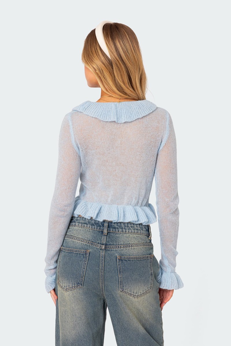 Edikted Ryleigh Ruffled Tie Front Cardigan Long Sleeve Tops Blue | USA DZ132873Q1