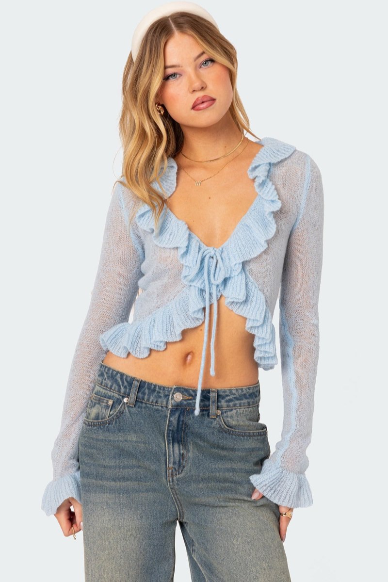 Edikted Ryleigh Ruffled Tie Front Cardigan Long Sleeve Tops Blue | USA DZ132873Q1