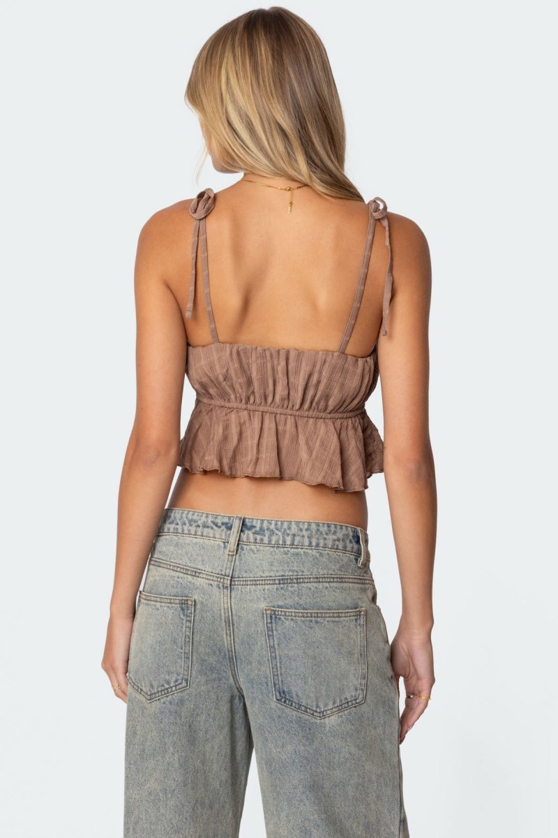Edikted Rylie Textured Chiffon Flare Crop Tops Brown | USA VH426022R6