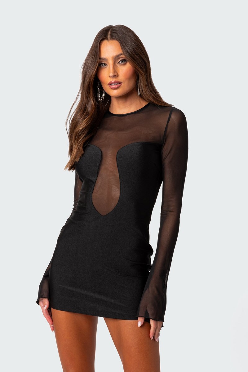 Edikted Saanvi Mesh Mini Long Sleeve Dress Black | USA FC391859D8