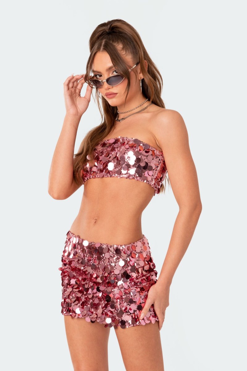 Edikted Sabina Sequin Bandeau Strapless Tops Pink | USA BW958095H7