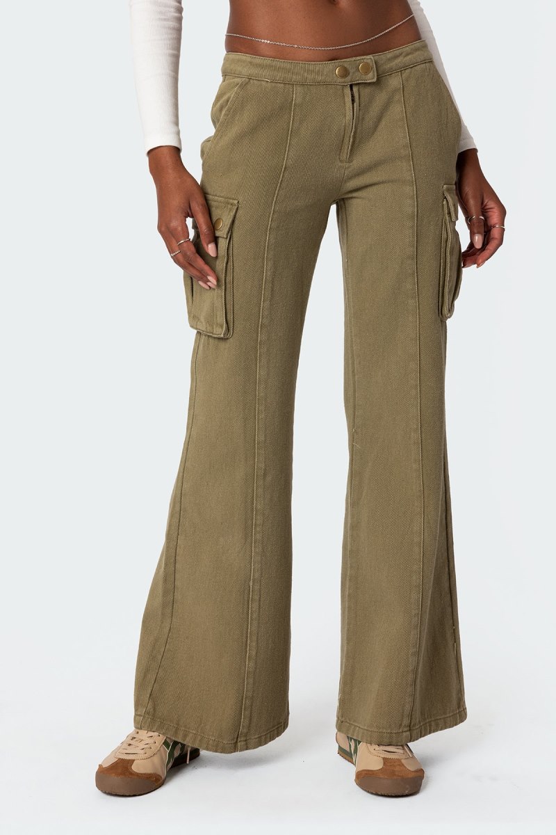 Edikted Sabri Low Rise Flared Cargo Jeans Olive | USA DS043494U2