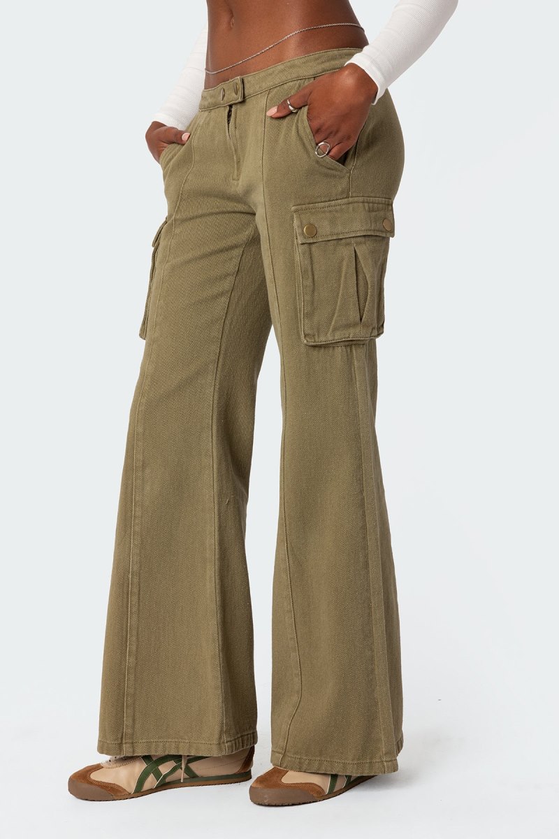 Edikted Sabri Low Rise Flared Cargo Jeans Olive | USA DS043494U2